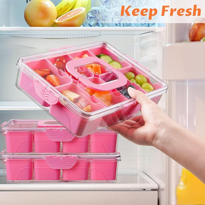 Snackle Box Container, Dishwasher Safety - Divided Serving Tray with Lid and Handle, Charcuterie Board for Portable Snack Platters - Organizer for Fruits Snacks - Perfect for Road Travel Party - Pink