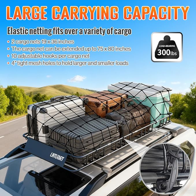 LWTURMRT Roof Rack Cargo Carrier Basket 84(L) X39(W) Heavy Duty 200Pounds Extension Travel with 2 Piece of Net