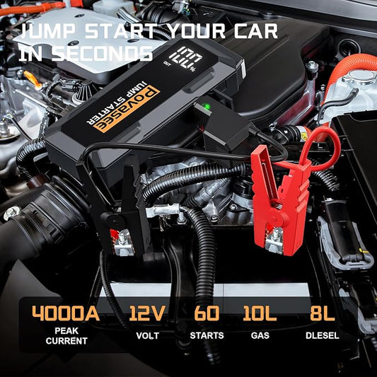 Povasee 4000A Jump Starter 12V Battery Jumper Starter(10L Gas 10L Diesel Engine),Car Battery Jump Starter with 3" LCD Display, Power Bank/Dual Output/LED Light
