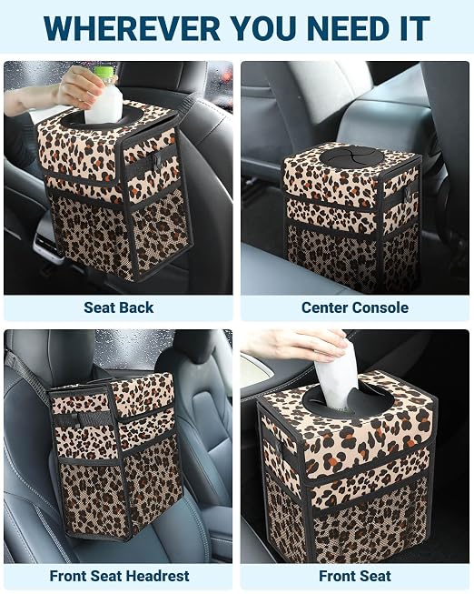 Capolo Car Trash Can with Lid, Leakproof Car Trash Bag Hanging Waterproof Automotive Garbage Can with Storage Pockets Mini Vehicle Trash Bin for Back/Front Seat(Leopard,3 Gallon)