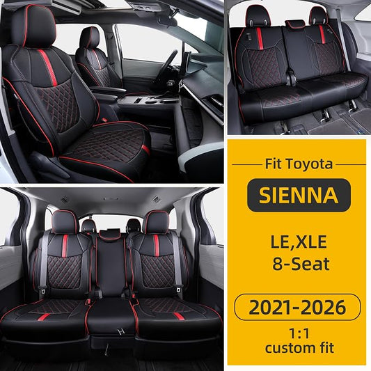 Custom Fit Sienna Seat Covers for 2021-2026 Toyota Sienna LE XLE 8-Passenger, Waterproof Faux Leather Full Set Airbag Compatible 3-Row Car Seat Protectors (Black+Red)