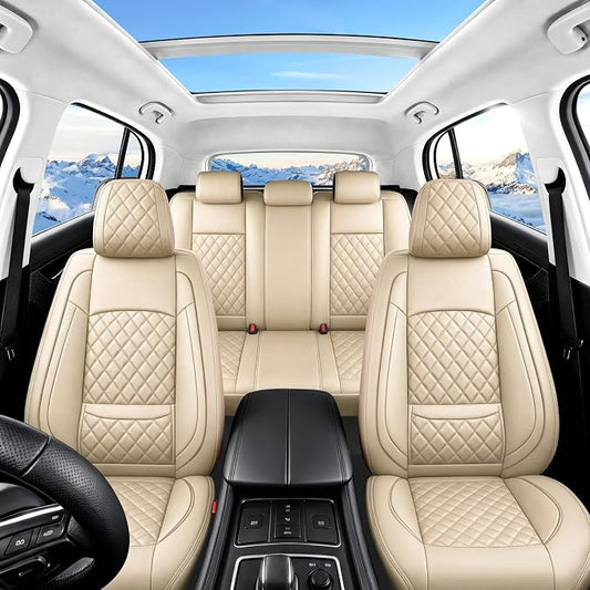 Car Seat Covers Compatible with Hyundai Elantra 2017-2025 2026 - Waterproof & Breathable Luxury Leather All-Weather Seat Cushions Protectors,Airbag Compatible,Only 2 Front seat Covers (Beige)