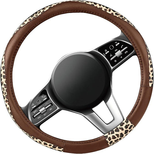 Road Comforts Steering Wheel Cover - Made with PVC Leather and Leopard Fabric - Universal 14 1/2 inches to 15 inches for Most Automotive Steering Wheel - Cheetah Print - Brown