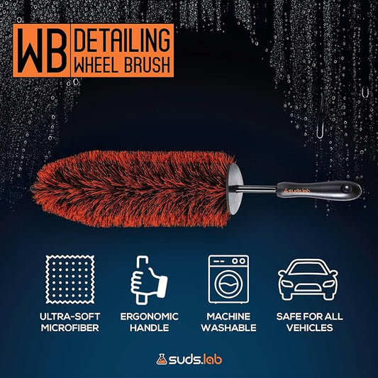 Suds Lab WB Premium Detailing Wheel Brush for All Vehicle Types – 17.7" Ultra-Soft and Scratch-Free Reusable Rim, Wheel, and Tire Brush for Deep Cleaning
