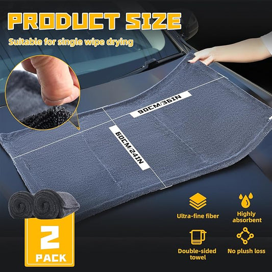 2 Pack Double-Twist Pile 1300gsm Microfiber Car Drying Towel, (36"X24") Extra Large Highly Absorbent Drying Towel, Lint‑free & Scratch‑free Car Wash Towels for Auto Detailing, Cars Wash, SUV, Trucks