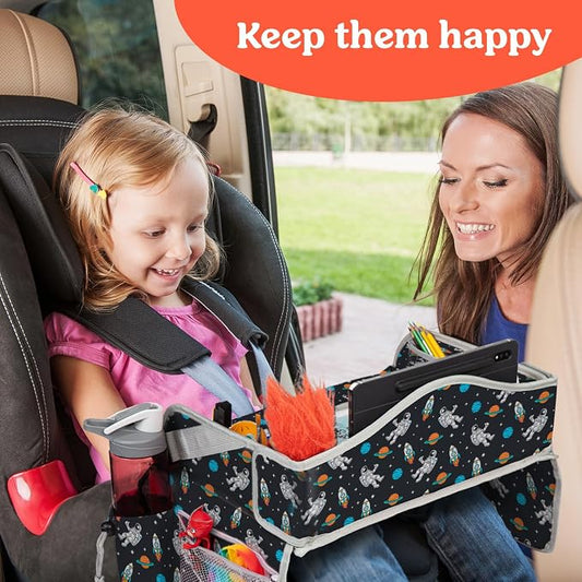 PILLANI Kids Travel Tray for Car - Car Seat Tray for Toddler, Roadtrip Essentials, Carseat Table Tray for Kids Road Trip Activities - Toddler Lap Desk Organizer for Airplane w/Dry Erase Surface