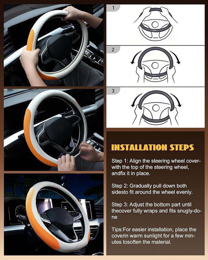 Car Leather Steering Wheel Cover, Genuine Embossed Leather with Anti-Slip Lining, Universal 15 Inch, Fits SUVs, Vans, Sedans, Trucks, Orange