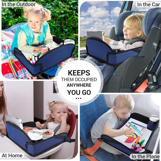 COOLBEBE Kids Travel Tray for Toddler Car Seat, Travel Tray for Airplane, Toddler Car Seat Lap Tray, Carseat Table Tray for Kids Travel Activities (Navy Blue)