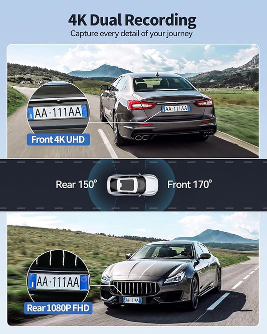 Dash Camera for Cars, 4K Dash Cam Front and Rear with 5G WiFi, Free Card Included, Loop Recording, Night Vision, 170ยฐWide Angle, G-Sensor, 24H Parking Mode