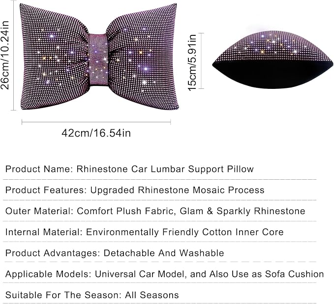 surpassme Rhinestone Lumbar Support Pillow for Car, Bling Back Support Pillow/Cushion Car Accessories for Women(Pink)