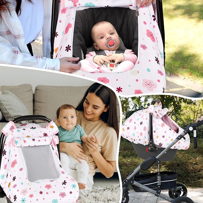 Pea Pod Car Seat Cover Baby, Infant Car Seat Canopy Covers with 2 Layers Windows of Breathable Mesh Fabric, Lightweight Polyester, Soft Minky Dot Backing (Floral Pattern)