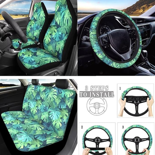 Hawaiian Monstera Full Set 10 Pcs Car Seat Covers, Tropical Monstera Automotive Rear Front Seat Protector, Island Style Steering Wheel Cover Universal Fit for Car SUV