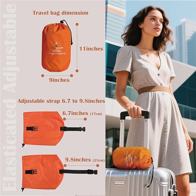 Inflatable Travel Seat Cushion with Built‑in Manual Pump, Adjustable Firmness & Compact Storage –Firm Support for Airplane, Car & Office Chairs, Large Generous Fit 18x16x2.1", Carry Bag Included
