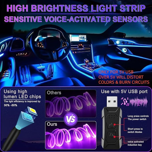 LivTee Smart LED Car Lights Interior with USB Port, LED Strip Fiber Optic Ambient Lighting Car, Wireless App Control, Sync to Music, Car Decorations Interior Accessories Gifts for Women Men, 6 in 1