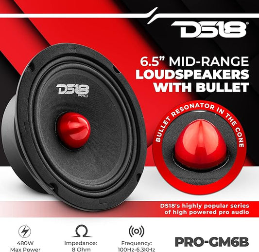 DS18 PRO-GM6B Loudspeaker - 6.5", Midrange, Red Aluminum Bullet, 480W Max, 140W RMS, 8 Ohms - Premium Quality Audio Door Speakers for Car or Truck Stereo Sound System (1 Speaker)