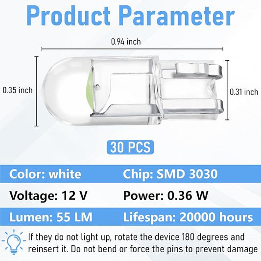 ecocstm 30 PCS Car 194 LED Bulbs, 168 2825 W5W T10 Wedge COB LED Replacement Bulb, Error Free Interior Bulb for Dashboard Light, Dome Lights (Ice Blue)