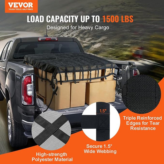 VEVOR Cargo Net with Mesh, 96 in x 81 in, Heavy Duty Truck Cargo Net-(WLL) 1,500lbs, 4 Adjustable Straps with Carabiners & S-Hooks, Truck Bed Cover for Trailer, Pickup, Boat, Jeep, SUV 6.75' x 8'