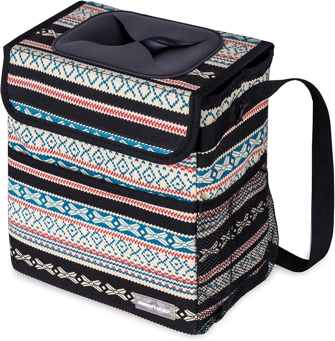 SIBOFUEGO Car Garbage Can Cute - Leak-Proof Car Trash Can with Lid and Storage Pockets, Car Trash Bin for Men and Women, Boho Aztec Essentials: Must-Have Car Interior Accessories (Beige Aztec Motif)