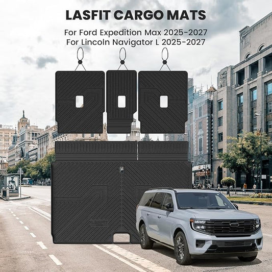 LASFIT Floor Mat with Backrest Mat Ford Expedition Max & Lincoln Navigator L 2025 2026 2027(fit 7 and 8 Seats),Costom Fit All Weather Protection TPE Easy Clean Cargo Liners,4pcs,Black