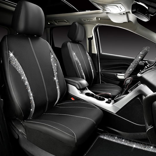 CAR PASS Leather Bling Diamond Car Seat Covers Front & Waterproof Rhinestone Car Floor Mats 4pcs & Sparkly Steering Wheel Cover 15' Universal Shining Interior Sets for 95% SUV Cute Women Black Silver