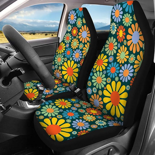 Colorful Hippie Flower Car Seat Covers Full Set,Abstract Tropical Floral Pattern Cute Vehicle Front Rear Bench Cushion Protectors Auto Interior Accessories Universal Fit for Trucks Sedans