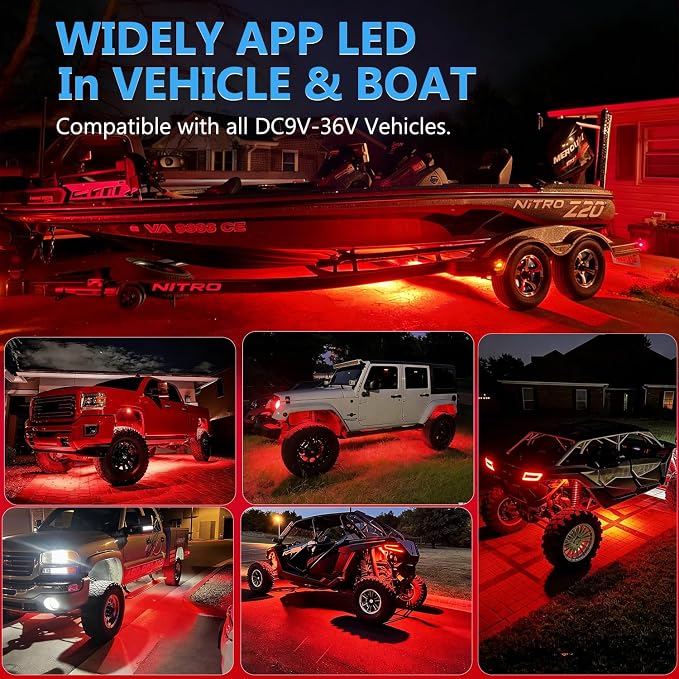 Nicoko 108 High-Power LEDs per Pod 4Pods Red Rock Lights Ultra-Bright Offroad Underglow Kit Advanced Heat Dissipation IP68 Waterproof for Truck, SUV, UTV, ATV, RZR