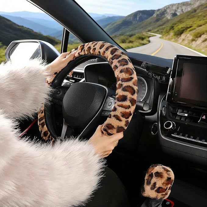 SEG Direct Furry Car Steering Wheel Cover with Gear Shift Cover, Soft and Warm, Cute Fluffy Auto Decor for Women Men, Standard Size, 2 PCS Set, Brown Leopard