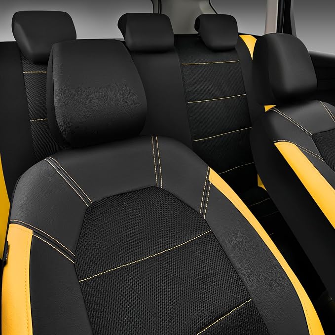 CAR PASS Leather Seat Covers, Breathable Universal Car Seat Cover Full Set for Cute Women Girly,5mm Composite Sponge Inside,Airbag Compatible Fits Most Auto,SUVs,Trucks,Vans(Full Set,Black&Yellow)