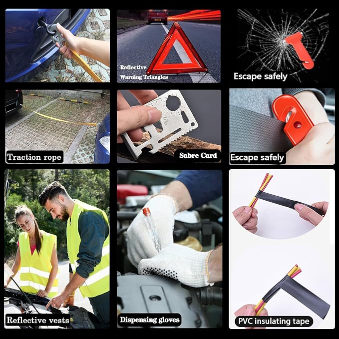 Car Emergency Kit with Jumper Cables Car Safety Kit Vehicle Emergency | Car Emergency Kits for Vehicles Headlamps, Car Glasses Holder, Safety Hammer, Ideal Gifts for New Drivers