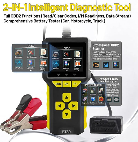 Car OBD2 Scanner Battery Tester 2 in 1 Code Reader Full OBDII Diagnosis 12/24V