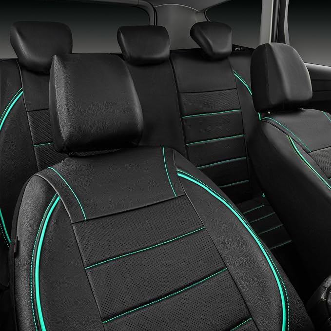 CAR PASS Universal FIT Piping Leather Car Seat Cover, for suvs,Van,Trucks,Airbag Compatible,Inside Zipper Design and Reserved Opening Holes (Full Set, Black and Mint)
