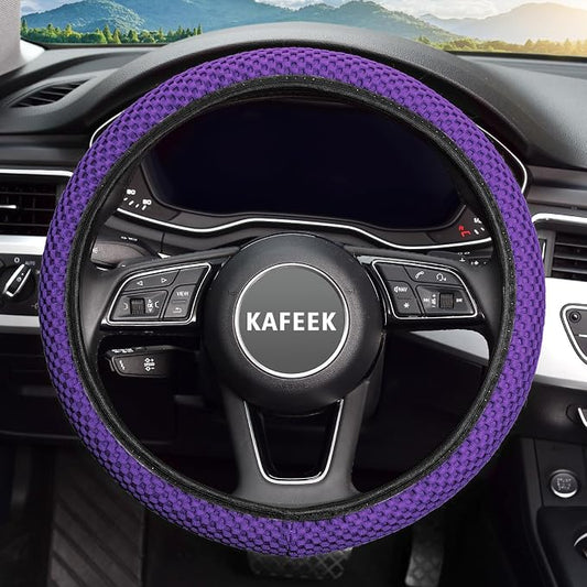 KAFEEK Elastic Stretch Steering Wheel Cover 15 Inch, Breathable Ice Silk Microfiber, Non-Slip Grip, Warm in Winter and Cool in Summer, Odorless, Car Accessories Fit Cars, SUVs, Purple