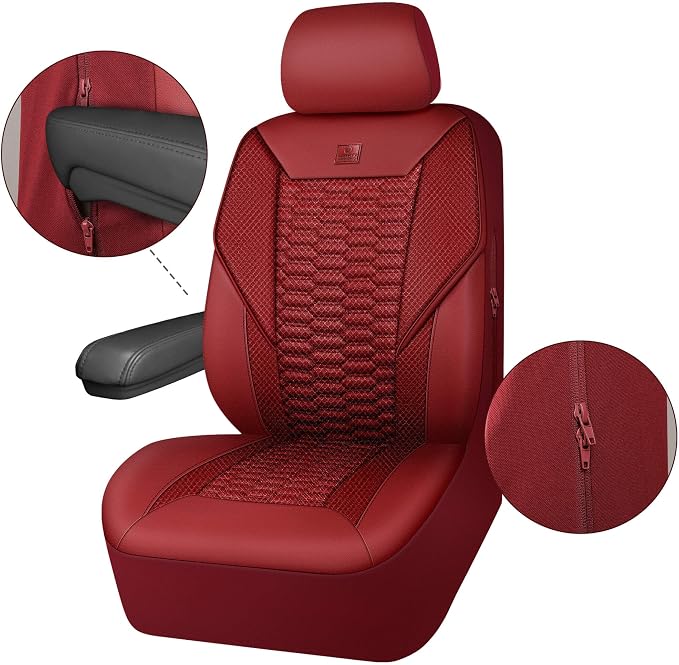 CAR PASS 3D Foam Mesh Leather Seat Covers Full Set, Wine Red Breathable Mesh Faux Leather Seat Covers for Car, Universal Fit for SUVs Vans Sedan Trucks Automotive,Armrest Airbag Compatible, Burgundy