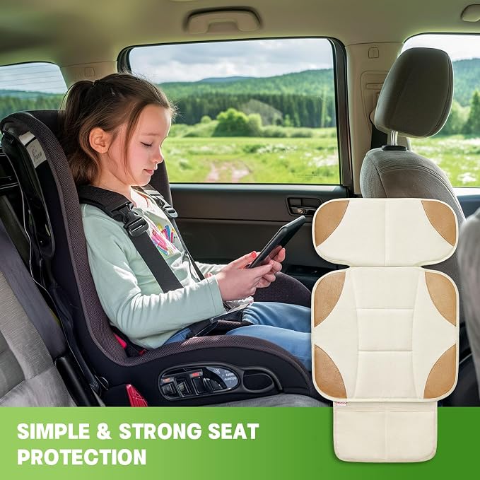 Siivton Car Seat Protector for Kids, Anti-Slip Design, Thick Padding, Prevents Seat Marks, 2 Storage Pockets for Toys & Snacks, Fits Most Cars, Black (Beige, 1 Pack)