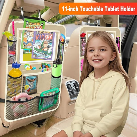 Car Backseat Organizer ,2 Pack Car Organizer Back Seat with 11" Tablet Holder, 10 Storage Pockets Seat Back Protectors Kick Mats for Kids Toddlers, Travel Accessories (Beige)
