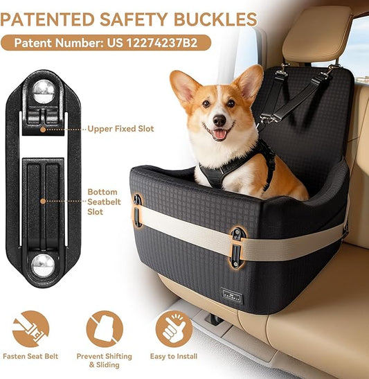 PETSFIT Dog Booster Car Seat for Small/Medium Dogs Up to 35 lbs – Patented Safety System, 5" Memory Foam Pet Car Seat, Fully Detachable and Washable Cover, Front/Back Seat Travel Booster (Black)