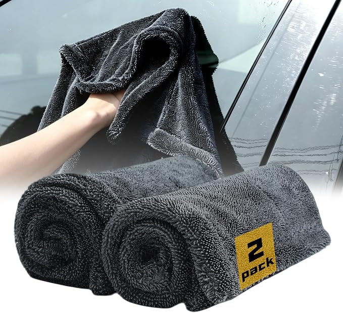 2-Pack Double-Twist Pile Microfiber Towels for Cars 1300 GSM Car Drying Towels (15.75" x 15.75") Ultra Absorbent Microfiber Towel, Streak-Free & Scratch-Free Car Cleaning Supplies with Edgeless Design