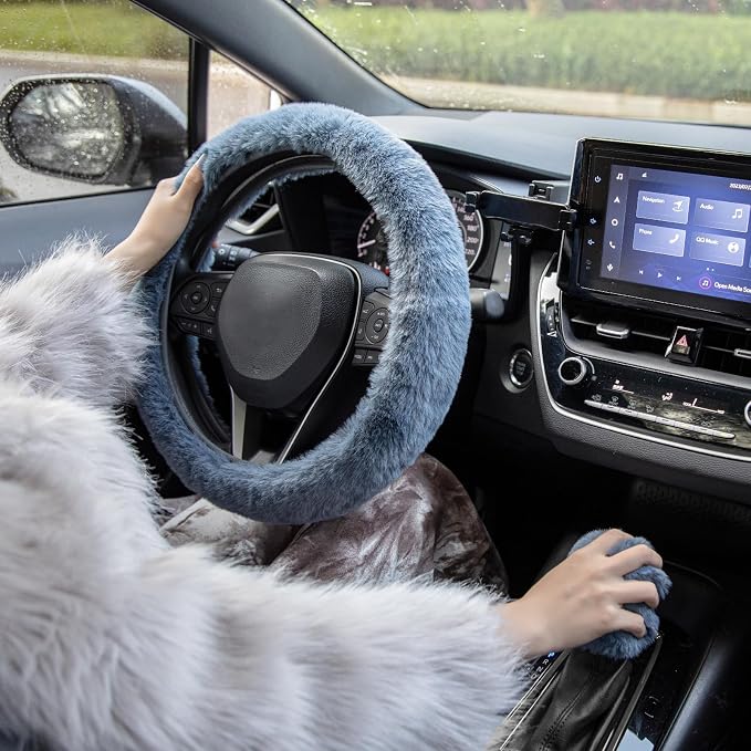 SEG Direct Furry Car Steering Wheel Cover with Fluffy Gear Shift Cover Soft Warm Non-Slip Car Decoration for Men Women Girls 2 PCS Set, Blue Gray