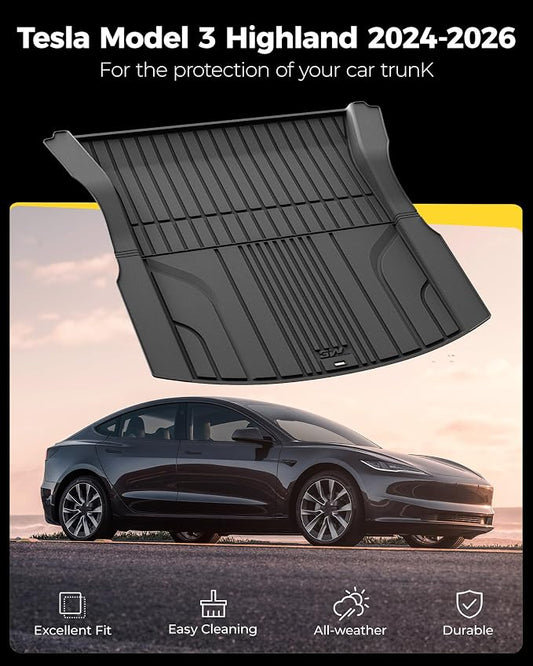3W Cargo Liner Fit for 2024 2025 2026 Tesla Model 3 Highland, Trunk Mat Set, Custom Fit, TPE, All Weather Waterproof, Car Accessories, Black
