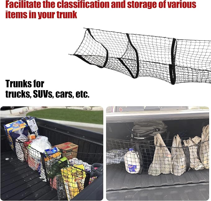 Amiss Heavy Duty Mesh Cargo Net, 3 Pocket Trunk Bed Storage Organizer Compatible for SUV, Car, Pickup Truck Bed, Etc.with 4 Metal Hooks (11.8×11.8×47.3 Inch), Black