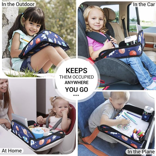 COOLBEBE Kids Travel Tray for Toddler Car Seat, Travel Tray for Airplane, Lap Tray with Storage, Portable Carseat Table Tray for Kids, Blue Space