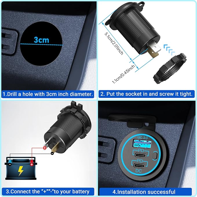 USB C Car Charger Socket 12V USB Outlet 2 Pack,78W RV USB Outlet Dual 30W PD USB-C and 18W QC3.0 Car USB Port with Button Switch Waterproof for Car RV Boat Marine Truck Motorcycle ect