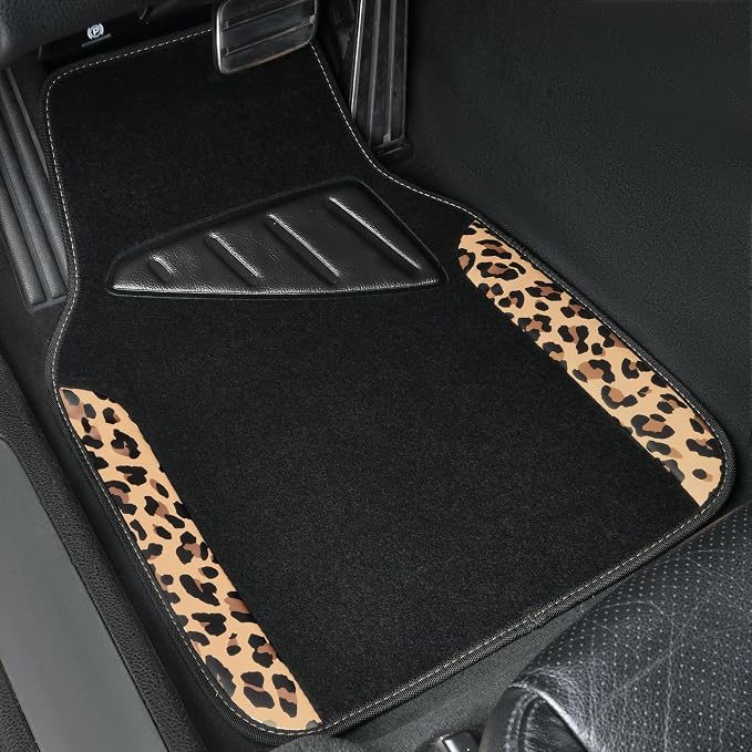 CAR PASS Waterproof Universal Fit Car Floor Mats, Leopard Print Car Mats Fit for SUV,Vans,sedans, Trucks,Set of 4pcs Car Carpet with Driver Heel Pad and Nibs Backing,for Cute Women Girl Brown Leopard