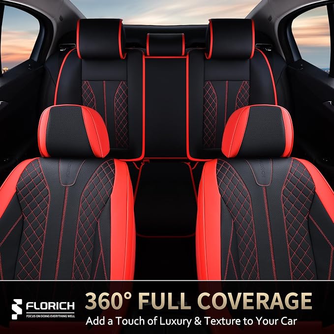 FLORICH Car Seat Covers Front Seats and Back Faux Leather Seat Cover Waterproof Seat Covers Car Seat Cushion 5 Seats Car Seat Protector Universal Fit for Most Cars SUV Trucks, Black&Red