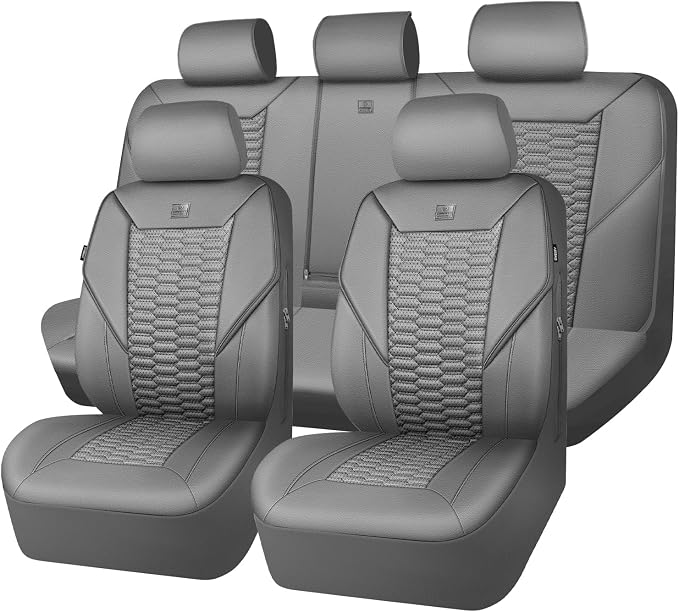 CAR PASS 3D Foam Faux Leather Car Seat Covers Full Set, Grey Breathable PU Leather Seat Covers for Cars, Luxury Universal Fit for SUVs Vans Sedan Truck Automotive, Armrest Airbag Compatible, All Gray