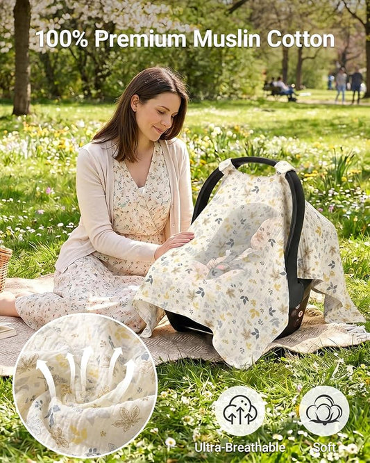 Metplus 100% Muslin Car Seat Cover Baby & Nursing Cover, Soft Breathable Infant Carseat Canopy for Summer, Stroller & Carrier Sunshade for Boys Girls (Leaves)