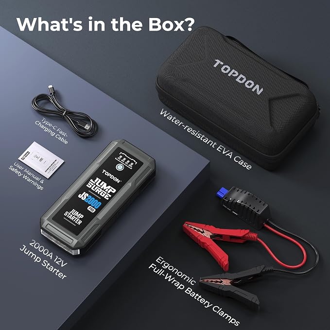 Car Battery Jump Starter, TOPDON 2000A Peak Jump Starter for Up to 8L Gas/6L Diesel Engines, 12V Portable Battery Booster Jump Starter Pack with Jumper Cables and EVA Protection Case