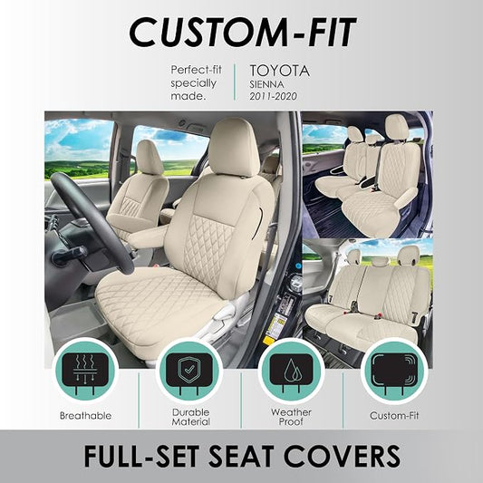FH Group Custom Fit Car Seat Covers Specifically Made for Toyota Sienna 2011-2020, Car Seat Cover Full Set, 8 Seater Automotive Seat Covers in Solid Beige Neoprene, Waterproof and Washable Seat Covers