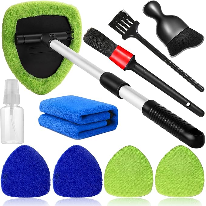 Qydipclin 10pcs Windshield Cleaning Tool Inside Car Window Cleaner Wash Kit with 4 Reusable Microfiber Pads 1 Spray Bottle and Extendable Handle Interior Auto Glass Wiper Kit, Blue&Green
