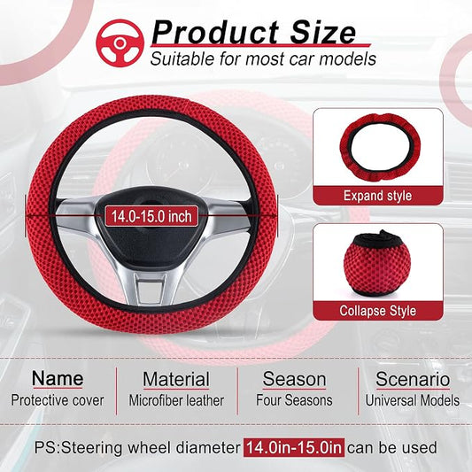 Alpmosn Elastic Stretch Steering Wheel Cover, Universal Interior Accessories Steering Wheel Cover for Women & Men, Breathable Microfiber Ice Silk, Anti-Slip, Odorless, Easy Carry(Red)